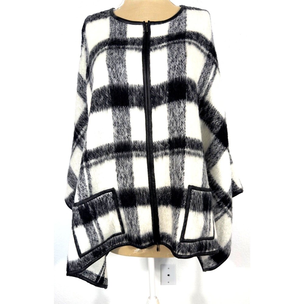 Doncaster Collection Mohair Wool Plaid Cape Poncho L /XL Oversized Zip Coat